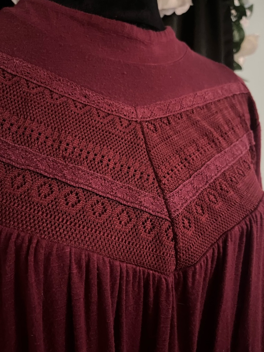 RXB Burgundy Crochet Yoke Women's Blouse
